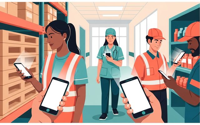 Frontline workers using mobile devices in a workplace setting.