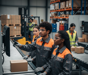 Workers collaborating on a conveyor belt in a warehouse.