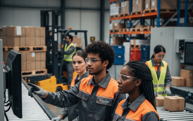 Workers collaborating on a conveyor belt in a warehouse.