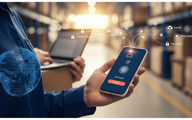Smartphone with cloud identity security interface in a warehouse.