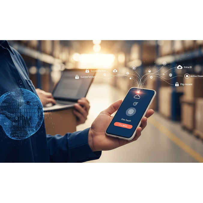 Smartphone with cloud identity security interface in a warehouse.