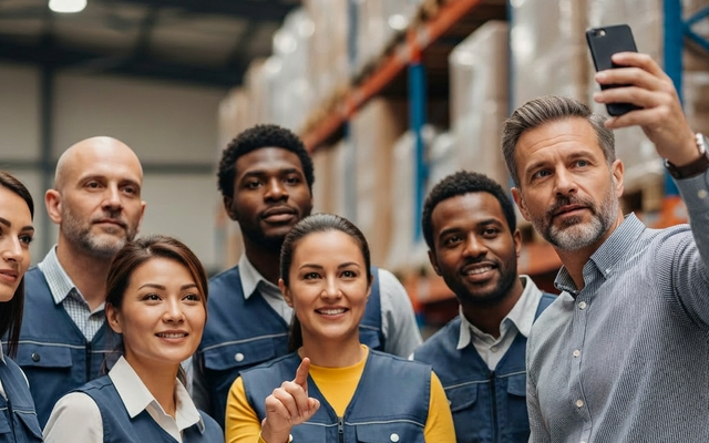 A team of warehouse employees taking a group selfie.