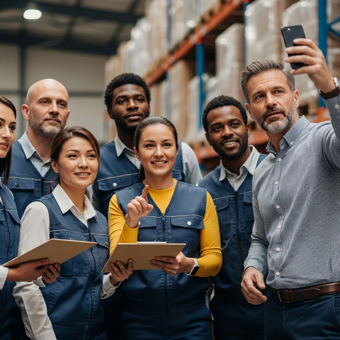 A team of warehouse employees taking a group selfie.