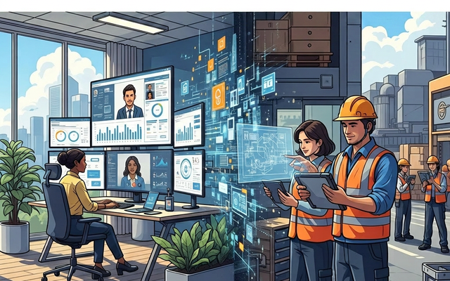 Digital workplace with employees using B2B-SaaS tools for communication and operations.