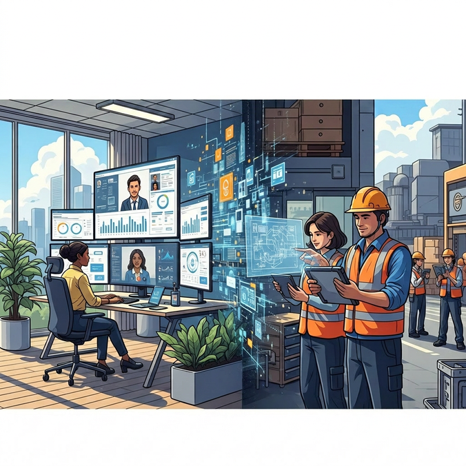 Digital workplace with employees using B2B-SaaS tools for communication and operations.