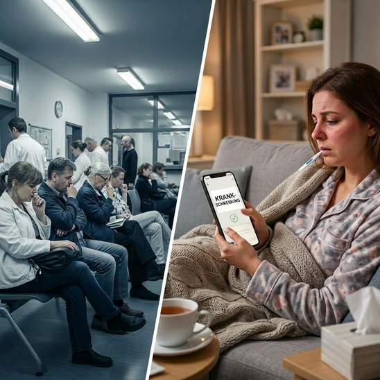 Waiting room with patients and woman using phone for medical certification at home.