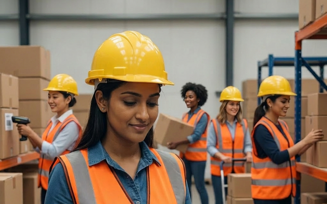 Frontline workers in a warehouse using a workforce app on mobile devices.