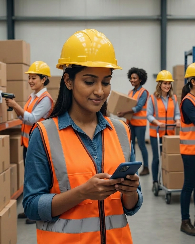 Frontline workers in a warehouse using a workforce app on mobile devices.