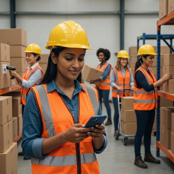 Frontline workers in a warehouse using a workforce app on mobile devices.