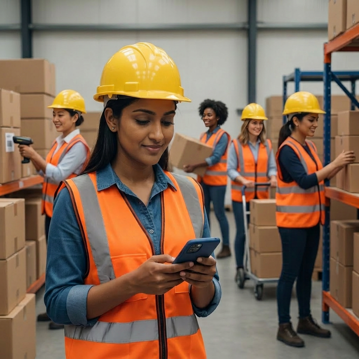 Frontline workers in a warehouse using a workforce app on mobile devices.