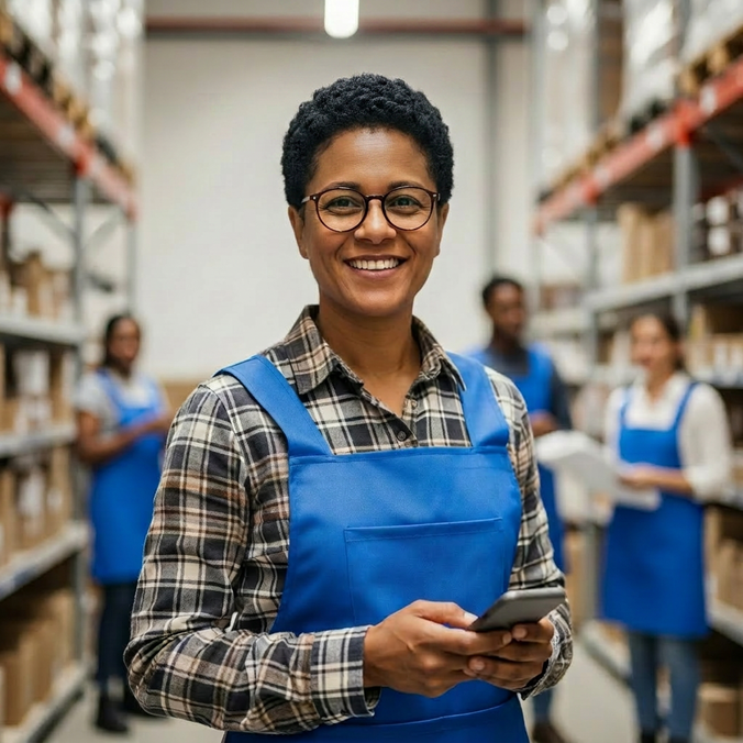 Smiling retail worker using a smartphone in a warehouse.