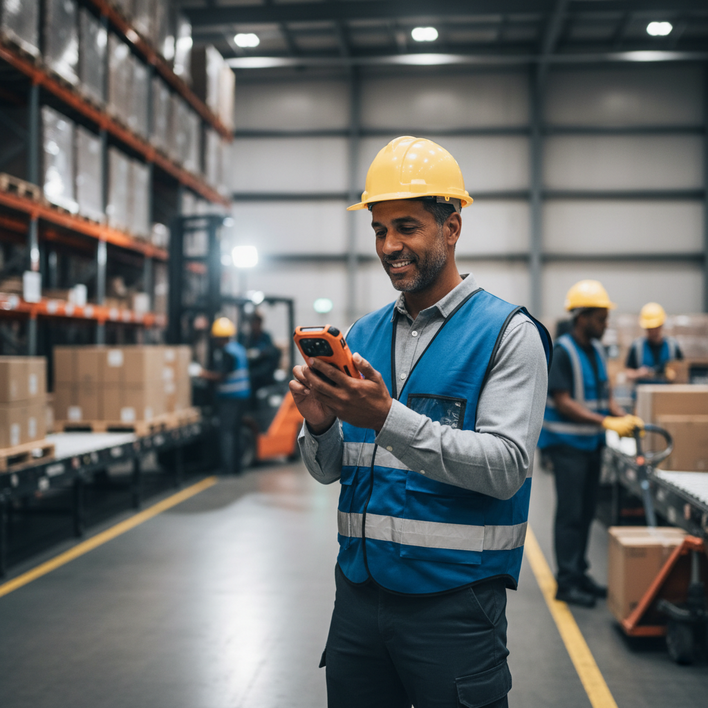 Worker in warehouse using smartphone, logistic operations.