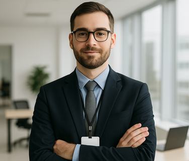 Man in suit with ID badge in office setting.