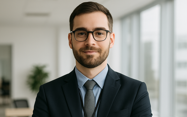 Man in suit with ID badge in office setting.