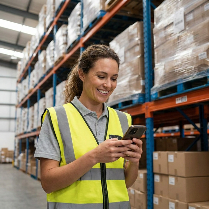 Employee in a warehouse using a mobile phone.