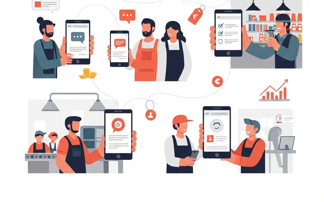 Illustration of workers using mobile apps for operations and communication.