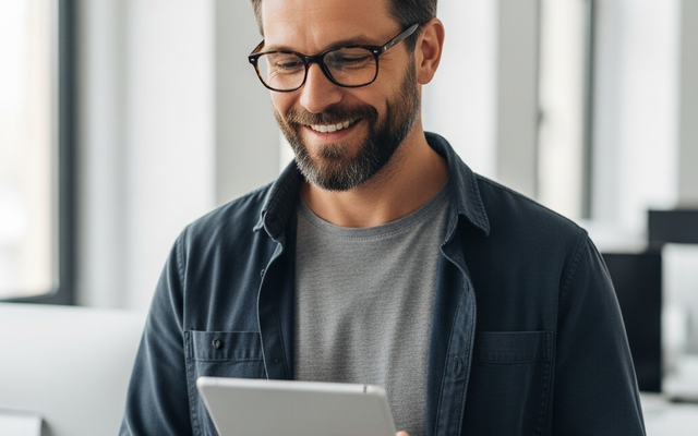 Man using a tablet in an office setting, smiling.