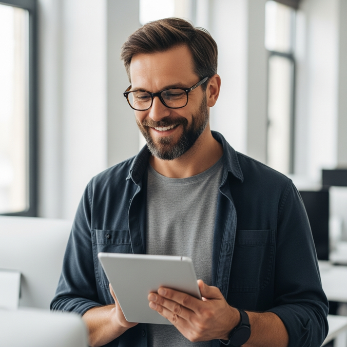 Man using a tablet in an office setting, smiling.