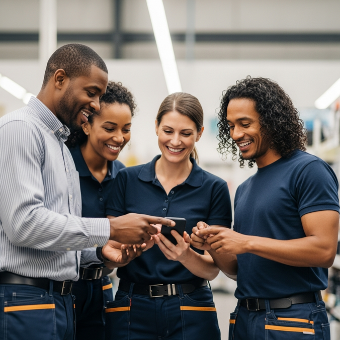 Group of employees discussing something on a smartphone.