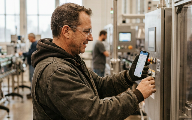 Mitarbeiter prüft eine Industriemaschine mit dem Smartphone.