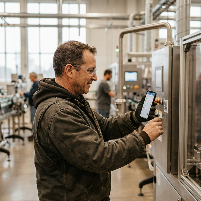 Mitarbeiter prüft eine Industriemaschine mit dem Smartphone.