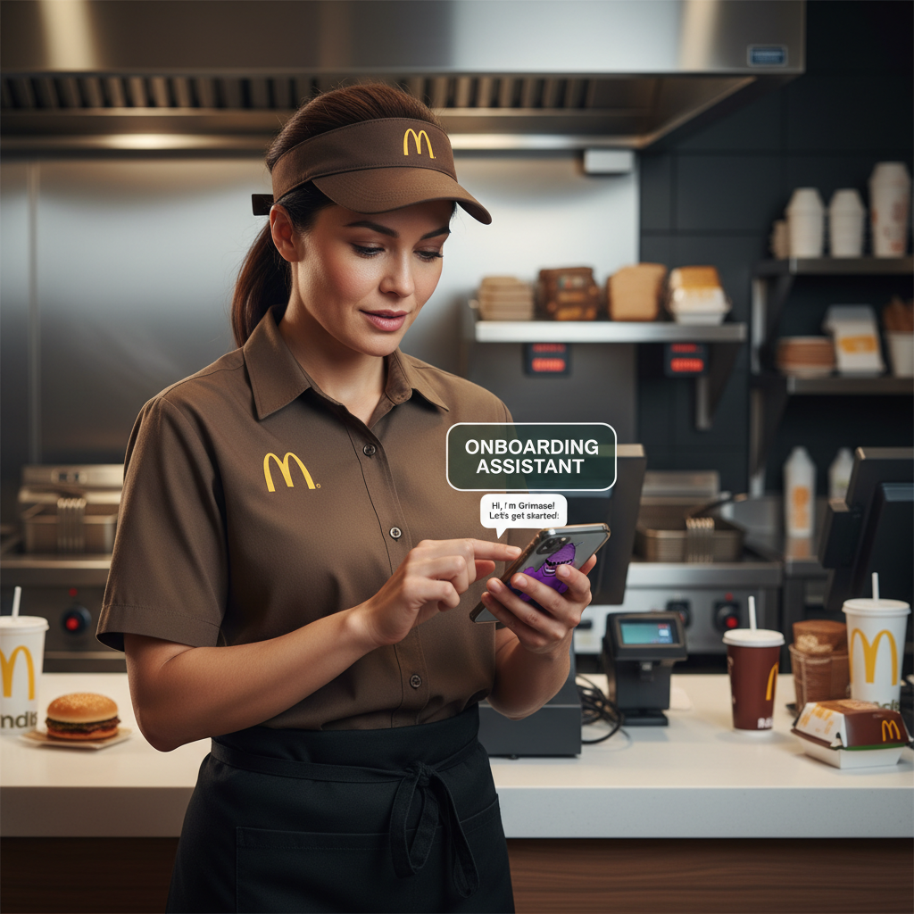 McDonalds employee using phone with onboarding assistant app.