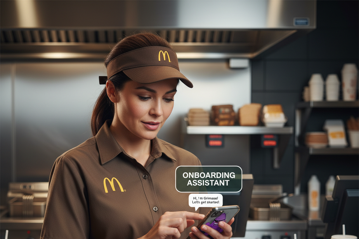 McDonalds employee using phone with onboarding assistant app.