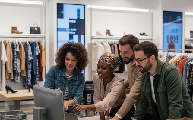 Retail workers collaborating around a computer screen.