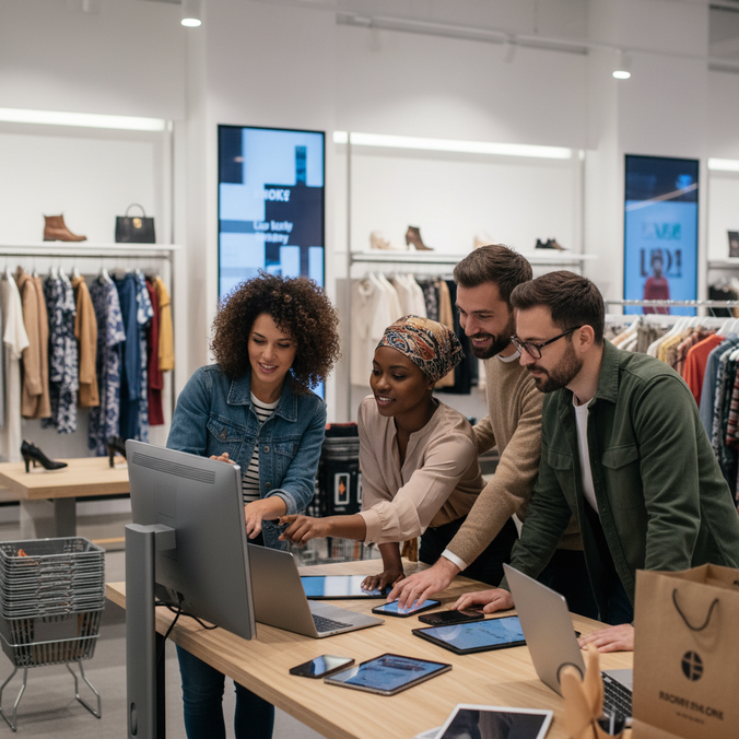 Retail workers collaborating around a computer screen.