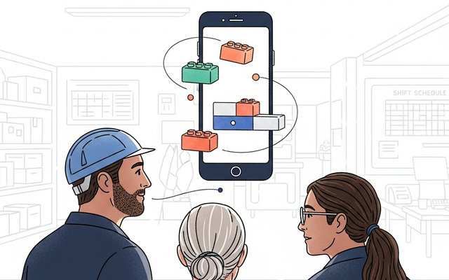Illustration of diverse workers looking at a smartphone with floating blocks.