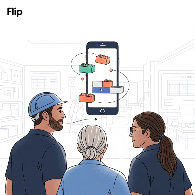 Illustration of diverse workers looking at a smartphone with floating blocks.