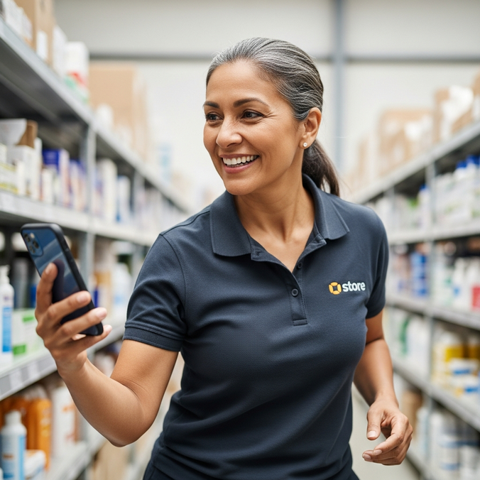 Retail worker smiling and using a phone in a store aisle.