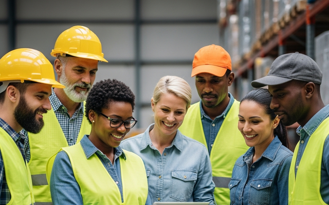 Diverse team of warehouse workers in safety vests using a tablet.