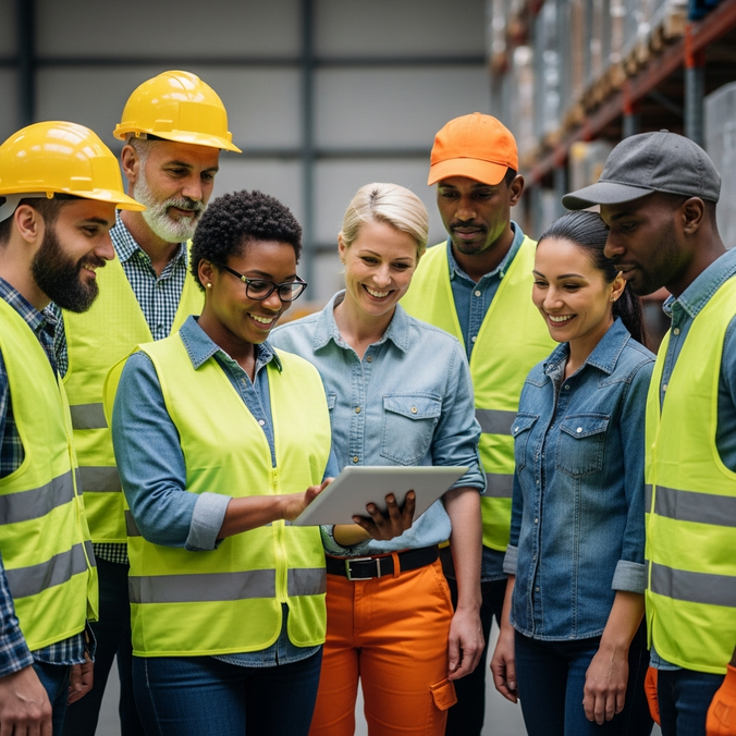 Diverse team of warehouse workers in safety vests using a tablet.