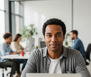 Man smiling at desk with colleagues working in background.