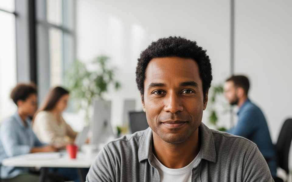 Man smiling at desk with colleagues working in background.