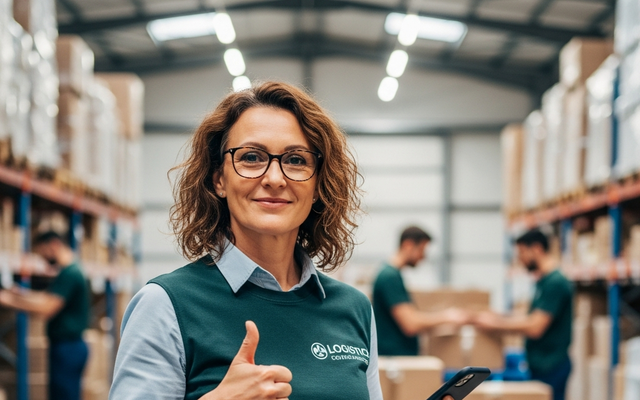 Woman in warehouse with thumbs up, holding phone, Logistics Control Center logo on shirt