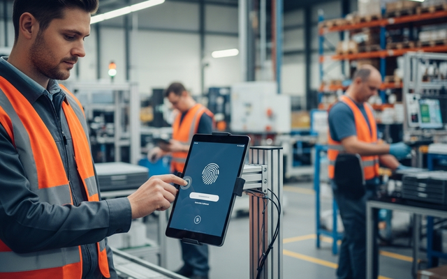 Worker using a tablet for fingerprint access in a factory.