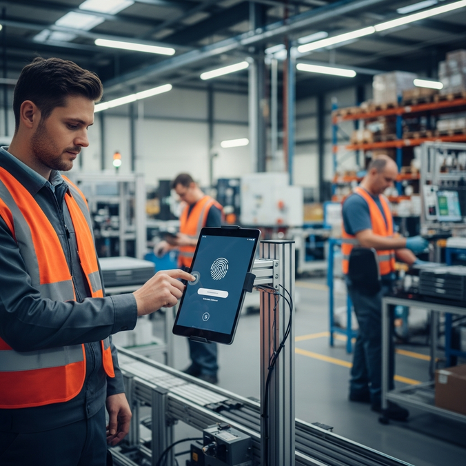Worker using a tablet for fingerprint access in a factory.