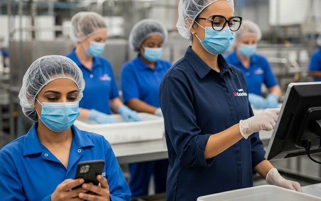 Food processing workers using a smartphone and touchscreen device.