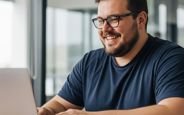 Smiling person working on a laptop in an office.