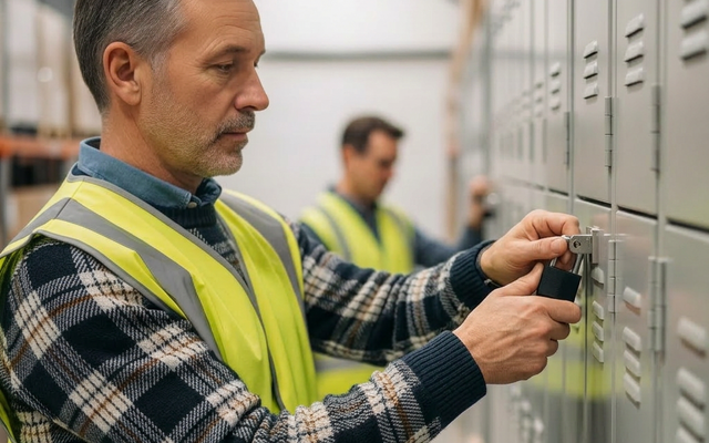 Two workers in safety vests using locker storage in a warehouse.