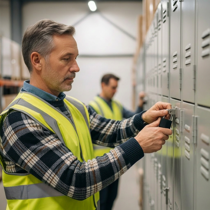 Two workers in safety vests using locker storage in a warehouse.