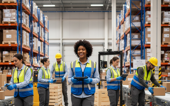 Warehouse workers with tablets managing operations.
