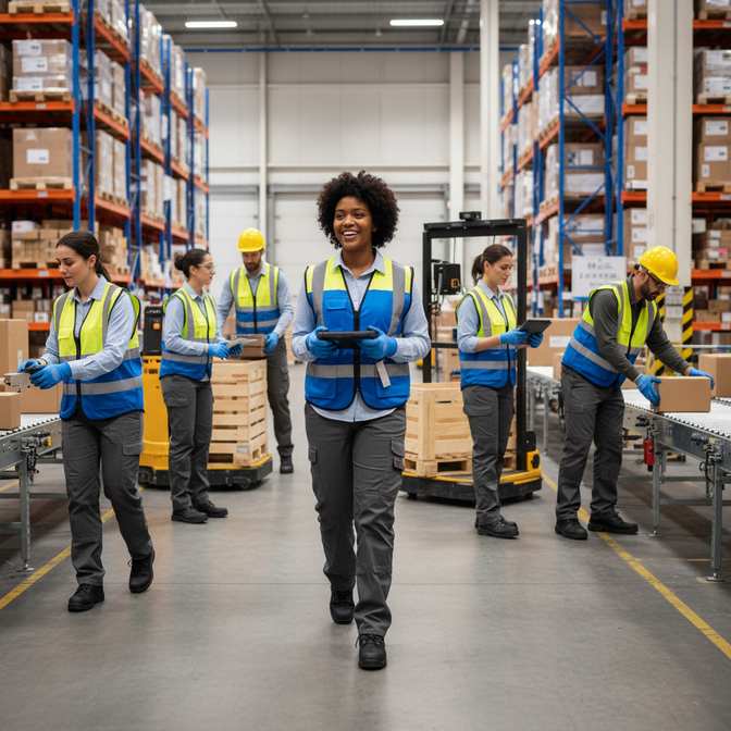 Warehouse workers with tablets managing operations.