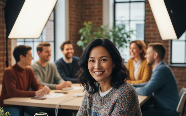 Smiling woman with tablet in a meeting room with colleagues.