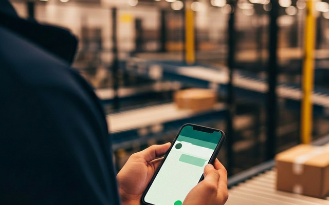 Person using a messaging app on a smartphone in a warehouse.