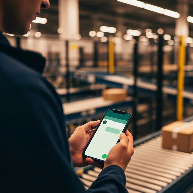 Person using a messaging app on a smartphone in a warehouse.