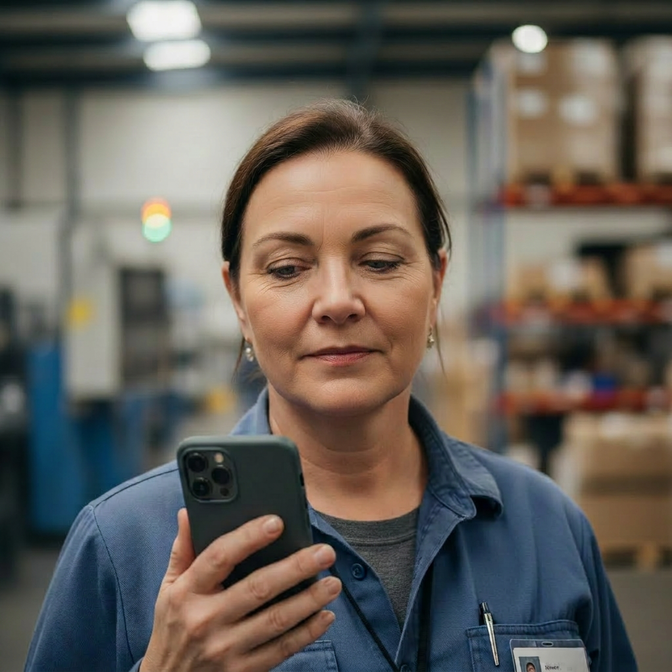 Frontline worker in a warehouse reading a message on a smartphone.