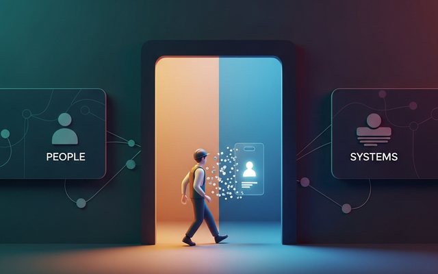 Person walking through a digital interface labeled People and Systems.